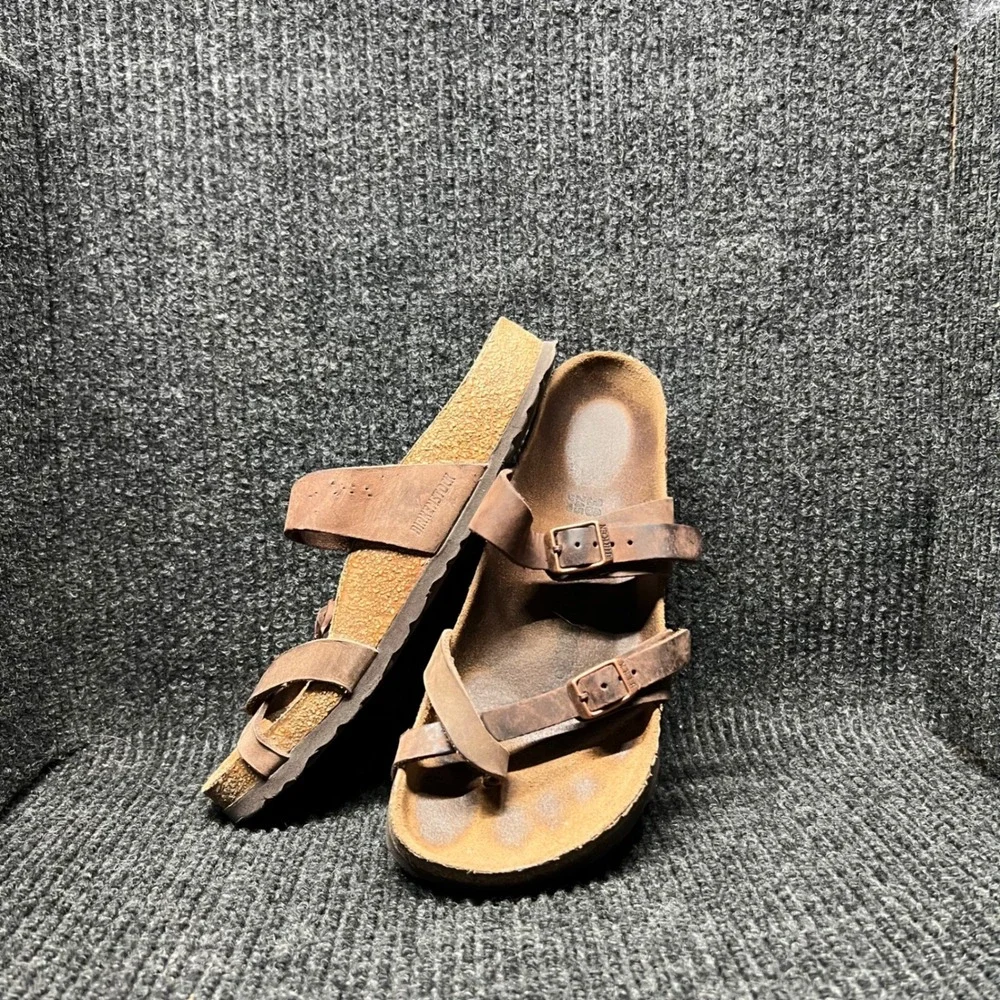 Birkenstock Mayari Sandals Womens Size 38 Brown Leather Strappy Cork Soles - Picture 1 of 9